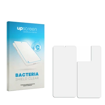 Face avant d’un emballage produit avec le logo de la marque upscreen. À côté se trouve la protection d’écran correspondante.