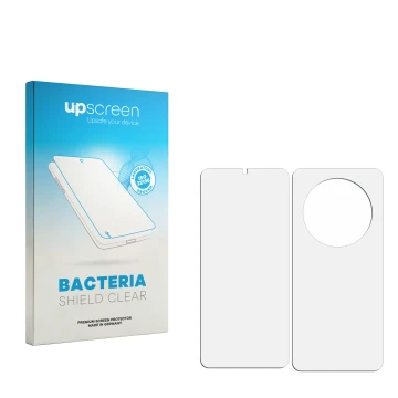 Face avant d’un emballage produit avec le logo de la marque upscreen. À côté se trouve la protection d’écran correspondante.