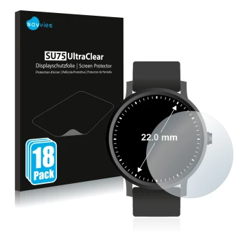 Face avant d’un emballage produit avec le logo de la marque Savvies. À côté, l’appareil Montres (Circulaire, ø: 22 mm) est rep