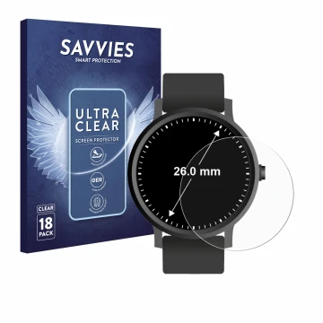 Face avant d’un emballage produit avec le logo de la marque Savvies. À côté, l’appareil Montres (Circulaire, ø: 26 mm) est rep