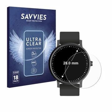 Face avant d’un emballage produit avec le logo de la marque Savvies. À côté, l’appareil Montres (Circulaire, ø: 28 mm) est rep