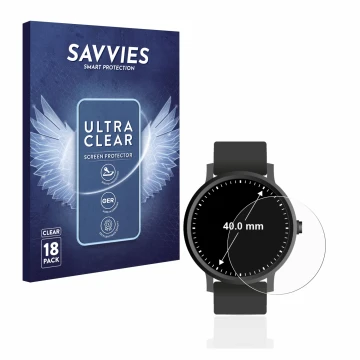 Face avant d’un emballage produit avec le logo de la marque Savvies. À côté, l’appareil Montres (Circulaire, ø: 40 mm) est rep