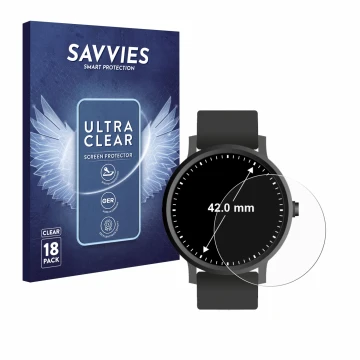 Face avant d’un emballage produit avec le logo de la marque Savvies. À côté, l’appareil Montres (Circulaire, ø: 42 mm) est rep