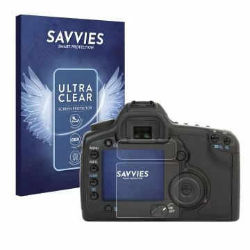 Face avant d’un emballage produit avec le logo de la marque Savvies. À côté, l’appareil Canon EOS 5D est représenté avec la pr