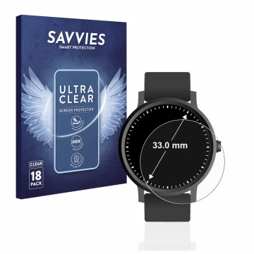 Face avant d’un emballage produit avec le logo de la marque Savvies. À côté, l’appareil Montres (Circulaire, ø: 33 mm) est rep