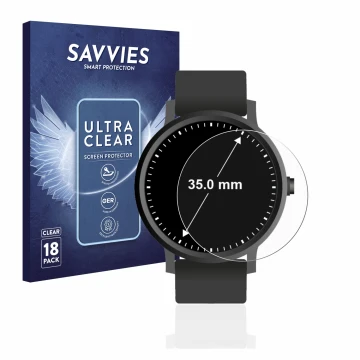 Face avant d’un emballage produit avec le logo de la marque Savvies. À côté, l’appareil Montres (Circulaire, ø: 35 mm) est rep