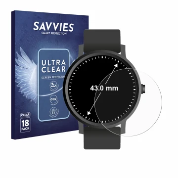 Face avant d’un emballage produit avec le logo de la marque Savvies. À côté, l’appareil Montres (Circulaire, ø: 43 mm) est rep