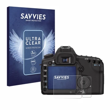 Face avant d’un emballage produit avec le logo de la marque Savvies. À côté, l’appareil Canon EOS 5D Mark II est représenté av