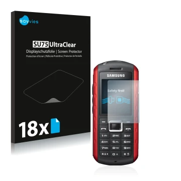 Face avant d’un emballage produit avec le logo de la marque Savvies. À côté, l’appareil Samsung B2100 est représenté avec la p