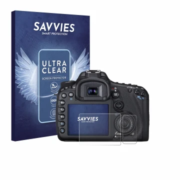 Face avant d’un emballage produit avec le logo de la marque Savvies. À côté, l’appareil Canon EOS 7D est représenté avec la pr