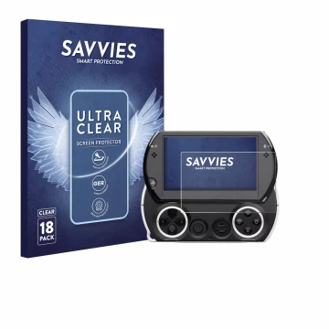 Face avant d’un emballage produit avec le logo de la marque Savvies. À côté, l’appareil Sony PSP Go est représenté avec la pro