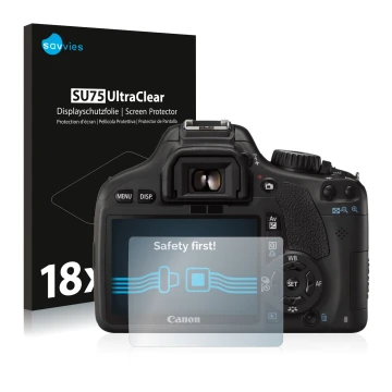 Face avant d’un emballage produit avec le logo de la marque Savvies. À côté, l’appareil Canon EOS 550D est représenté avec la 