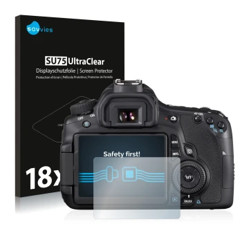 Face avant d’un emballage produit avec le logo de la marque Savvies. À côté, l’appareil Canon EOS 60D est représenté avec la p