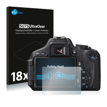 Face avant d’un emballage produit avec le logo de la marque Savvies. À côté, l’appareil Canon EOS 600D est représenté avec la 