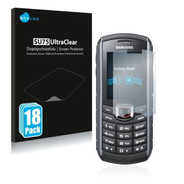 Face avant d’un emballage produit avec le logo de la marque Savvies. À côté, l’appareil Samsung GT-B2710 est représenté avec l