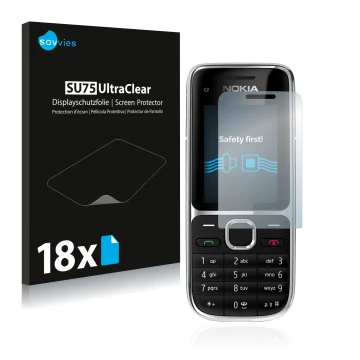 Face avant d’un emballage produit avec le logo de la marque Savvies. À côté, l’appareil Nokia C2-01 est représenté avec la pro