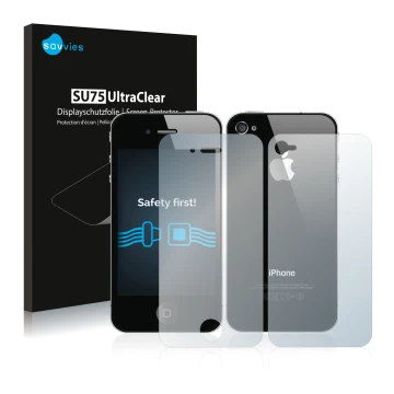 Face avant d’un emballage produit avec le logo de la marque Savvies. À côté, l’appareil Apple iPhone 4S (Avant+Arrière) est re