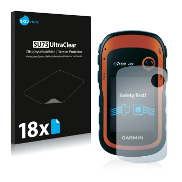 Face avant d’un emballage produit avec le logo de la marque Savvies. À côté, l’appareil Garmin eTrex 20 est représenté avec la