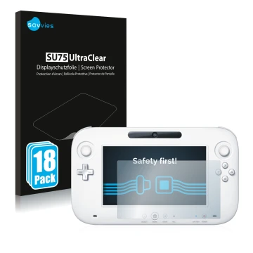 Face avant d’un emballage produit avec le logo de la marque Savvies. À côté, l’appareil Nintendo Wii U GamePad (Controller) es