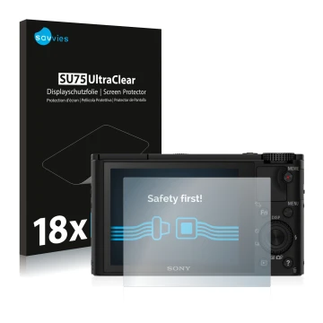 Face avant d’un emballage produit avec le logo de la marque Savvies. À côté, l’appareil Sony Cyber-Shot DSC-RX100 est représen