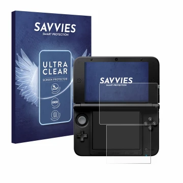 Face avant d’un emballage produit avec le logo de la marque Savvies. À côté, l’appareil Nintendo 3DS XL SPM7800 est représenté