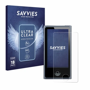 Face avant d’un emballage produit avec le logo de la marque Savvies. À côté, l’appareil Apple iPod nano 2012 (7ème Gen.) est r