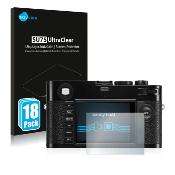 Face avant d’un emballage produit avec le logo de la marque Savvies. À côté, l’appareil Leica M (Typ 240) est représenté avec 