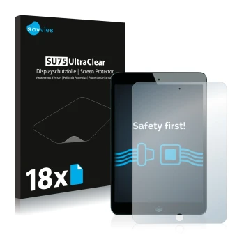 Face avant d’un emballage produit avec le logo de la marque Savvies. À côté, l’appareil Apple iPad Mini 1 2012 est représenté 