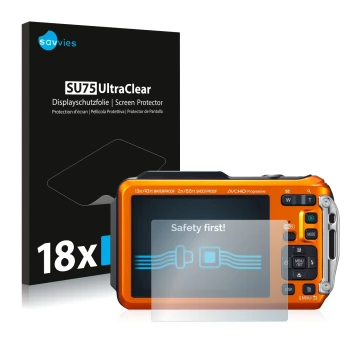 Face avant d’un emballage produit avec le logo de la marque Savvies. À côté, l’appareil Panasonic Lumix DMC-FT5 est représenté