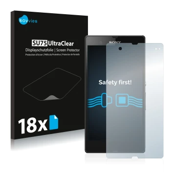 Face avant d’un emballage produit avec le logo de la marque Savvies. À côté, l’appareil Sony Xperia Z C6602 C6603 est représen