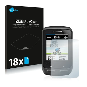 Face avant d’un emballage produit avec le logo de la marque Savvies. À côté, l’appareil Garmin Edge 510 est représenté avec la