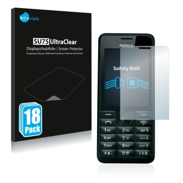 Face avant d’un emballage produit avec le logo de la marque Savvies. À côté, l’appareil Nokia 301 est représenté avec la prote