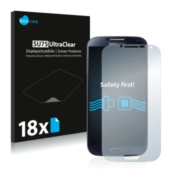 Face avant d’un emballage produit avec le logo de la marque Savvies. À côté, l’appareil Samsung Galaxy S4 est représenté avec 