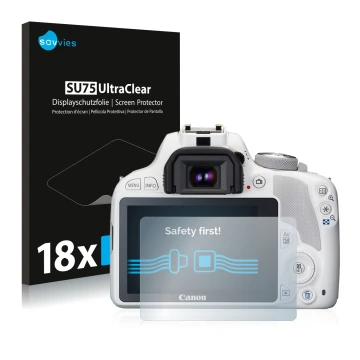 Face avant d’un emballage produit avec le logo de la marque Savvies. À côté, l’appareil Canon EOS 100D est représenté avec la 