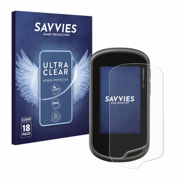 Face avant d’un emballage produit avec le logo de la marque Savvies. À côté, l’appareil Garmin Oregon 600 est représenté avec 
