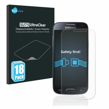 Face avant d’un emballage produit avec le logo de la marque Savvies. À côté, l’appareil Samsung Galaxy S4 Mini est représenté 
