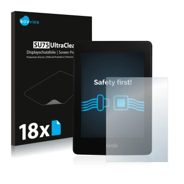 Face avant d’un emballage produit avec le logo de la marque Savvies. À côté, l’appareil Amazon Kindle Paperwhite 2013 est repr