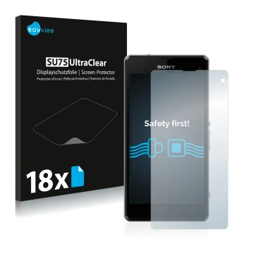 Face avant d’un emballage produit avec le logo de la marque Savvies. À côté, l’appareil Sony Xperia Z1 Compact D5503 est repré