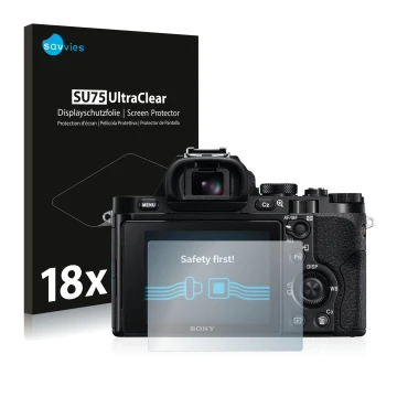 Face avant d’un emballage produit avec le logo de la marque Savvies. À côté, l’appareil Sony Alpha 7 (ILCE-7) est représenté a