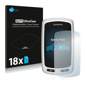 Face avant d’un emballage produit avec le logo de la marque Savvies. À côté, l’appareil Garmin Edge Touring Plus est représent