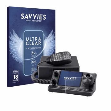 Face avant d’un emballage produit avec le logo de la marque Savvies. À côté, l’appareil Icom IC-7100 est représenté avec la pr