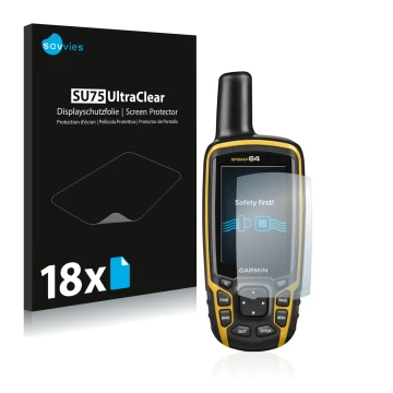 Face avant d’un emballage produit avec le logo de la marque Savvies. À côté, l’appareil Garmin GPSMAP 64 est représenté avec l