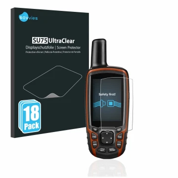 Face avant d’un emballage produit avec le logo de la marque Savvies. À côté, l’appareil Garmin GPSMAP 64s est représenté avec 