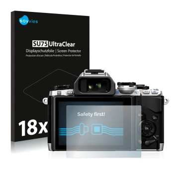 Face avant d’un emballage produit avec le logo de la marque Savvies. À côté, l’appareil Olympus OM-D E-M10 est représenté avec