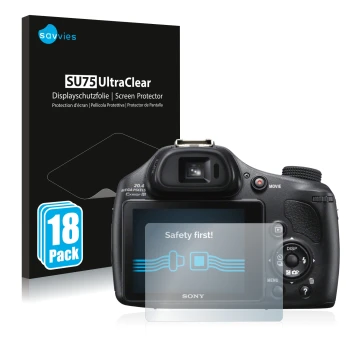 Face avant d’un emballage produit avec le logo de la marque Savvies. À côté, l’appareil Sony Cyber-Shot DSC-HX400V est représe