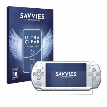 Face avant d’un emballage produit avec le logo de la marque Savvies. À côté, l’appareil Sony PSP 2004 est représenté avec la p