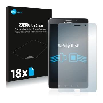 Face avant d’un emballage produit avec le logo de la marque Savvies. À côté, l’appareil Samsung Galaxy Tab Tab 4 7.0 LTE est r