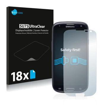 Face avant d’un emballage produit avec le logo de la marque Savvies. À côté, l’appareil Samsung Galaxy S3 Neo I9300I est repré