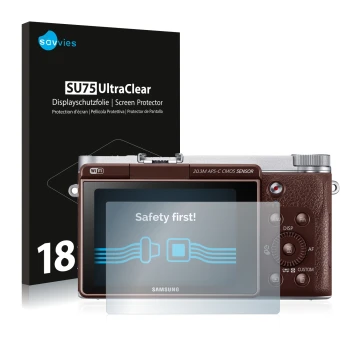 Face avant d’un emballage produit avec le logo de la marque Savvies. À côté, l’appareil Samsung NX3000 est représenté avec la 