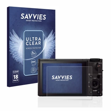 Face avant d’un emballage produit avec le logo de la marque Savvies. À côté, l’appareil Sony Cyber-Shot DSC-RX100 III est repr